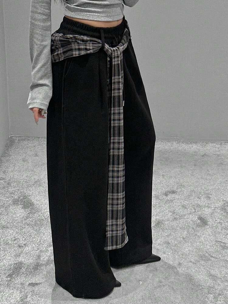 Women's Elastic Waist Loose Fit Sweatpants + Plaid Waist Belt