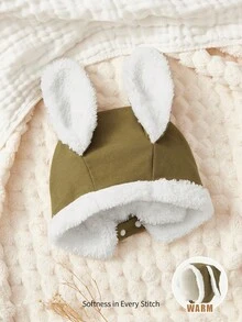 Cozy Pixies 1件裝加厚可愛兔耳嬰兒帽，保暖柔軟舒適，適合新生兒日常配戴 - 軍綠色 - 查看 8
