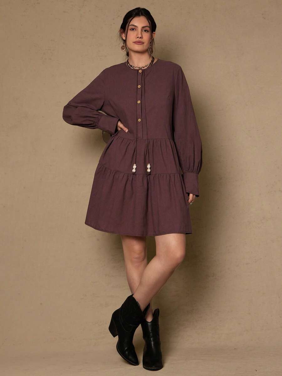 SHEIN LUNE Vestido de mujer de talla grande para otoño e invierno con cuello de solapa medio abierto con lazo y bolsillo sesgado, atuendos de San Valentín para mujer, atuendos de verano para mujer con falda de paraguas de múltiples capas y línea A, 100% algodón, estilo casual y relajado, estilo de dinero viejo, atuendos cortos de vacaciones para mujer