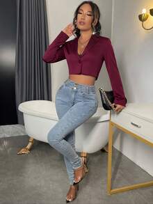 SHEIN SXY Áo khoác vest nữ cài nút đơn ve đỏ tía thu/đông, vest Giáng sinh cho nữ - Màu Đỏ Sâu - Xem 5