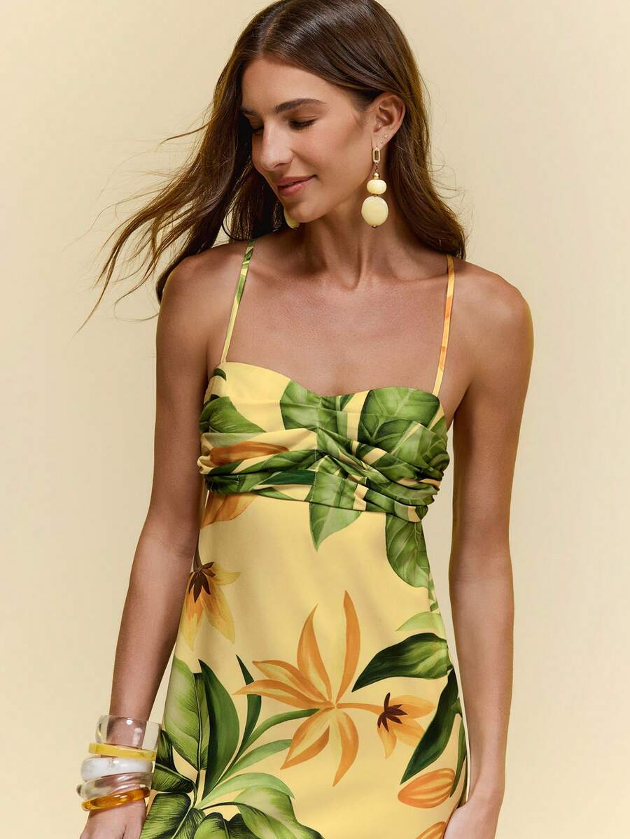 CAJUNI Women's Tropical Plant Print Ruffle Fashionable Spaghetti Strap Dress, Suitable For Vacation - Yellow - View 1