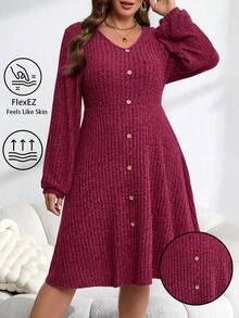 EMERY ROSE Abito midi da donna taglie forti con maniche a lanterna, decorato con bottoni, tessuto strutturato, abbigliamento autunnale per donna - Bordò - Visualizzare 1