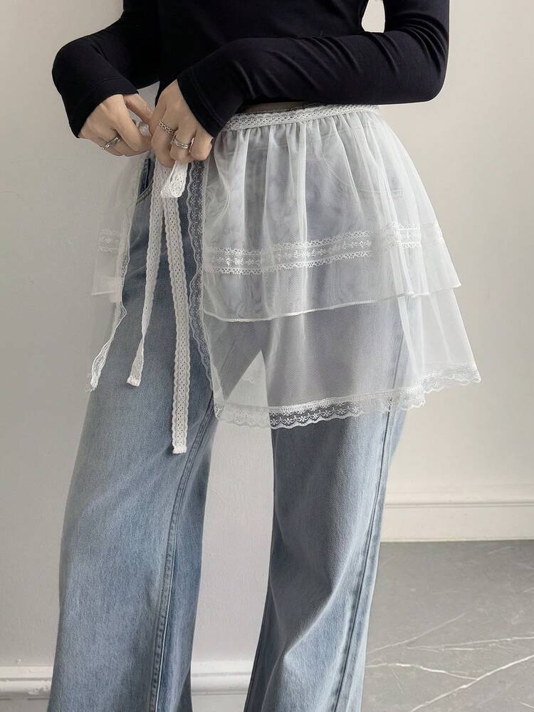 Women's Lace Patchwork Tie-Up Mesh Cake Skirt, Casual Mini Skirt