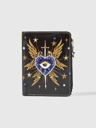 Gothic Style Wallet, Punk Girl Love Eye Gem Crystal Teardrop, Star, Sun, Sword Creative Design Pentagram Zipper Coin Purse, Casual Fashion Card Holder