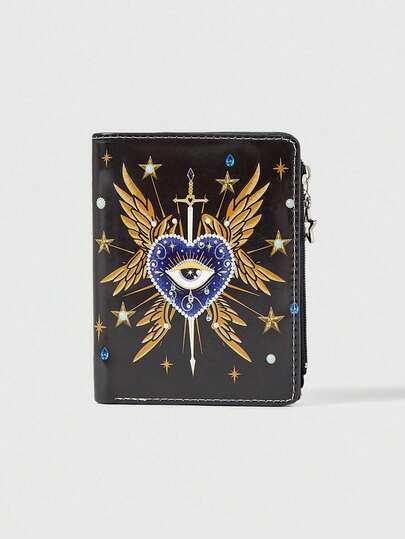 Goth Portafoglio stile gotico, design creativo con gemme a forma di lacrima, stella, sole, spada e pentagramma, portamonete con cerniera, porta carte di credito casual e alla moda