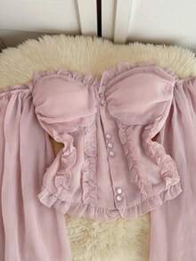 INAWLY French Retro Pink Ruffle Off Shoulder Faux Pearl Button Flare Sleeve Cropped Top - Pink - View 4