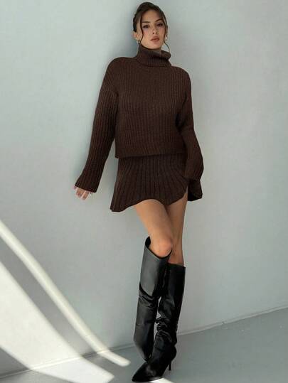 Aloruh 女士复古厚针织高领毛衣和迷你裙两件套，深灰色，适合秋冬季节穿着。