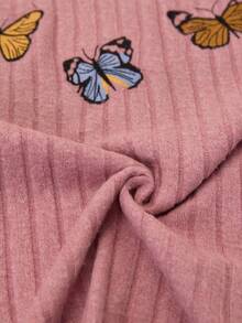 Loomlin 女士罗纹针织彩色刺绣长袖圆领上衣和裤子家居服休闲套装 - 粉色 - 查看 6