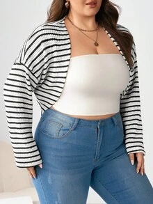 Enliva 显然_乌木加大码女式开衫上衣，纹理条纹面料长袖夹克短款开衫外套，适合苹果圆身材 - 黑與白 - 查看 4