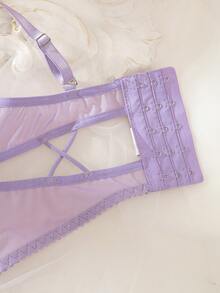 2pcs Sexy Sheer Lace Trim Lingerie Set With Straps And Ruffles