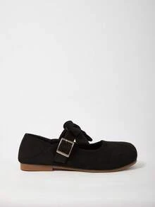 ROMWE Zapatos planos de punta redonda con decoración de lazo para mujer, otoño - Negro - Ver 2