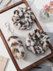 ROMWE Kawaii 2个/套 时尚复古豹纹蓬松发圈，韩版精致优雅，适合女性日常佩戴，节日礼物 发绳 马尾发圈 发圈 发绳 - 米白色-37 - 查看 3