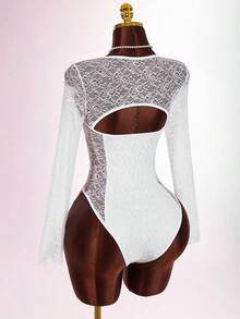 Amplova Women's Retro Elegant Sweetheart Neck Sheer Lace Bustier Bodysuit White Sexy Top Lace Undershirt Long Sleeve Sexy Bodysuit Lace Bodysuit White Lace Bodysuit Lace Long Sleeve Bodysuit Bodysuit For Women Vacation Outfits Women Y2K Valentine's Day
