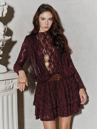 Anewsta Savoree Fashionable Lace Hollow Out Fitted Knit Dress, Elegant Party Dress, Loose Short Style Suitable For Christmas, Thanksgiving Outfit