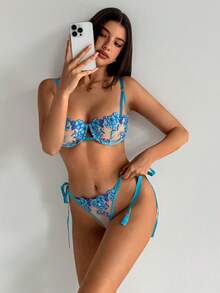 Aloruh 2件套女士花卉刺绣网眼文胸和内裤内衣套装 - 藍色 - 查看 8