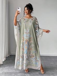 Elenzga 加大码蝙蝠袖圆领印花宽松连衣裙，适合度假和聚会 - 綠色 - 查看 8