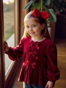 SHEIN Young Girl Solid Color Round Neck Puff Sleeve Fitted Casual Shirt Girls Long Sleeve Blouses Red Blouse For Kids Girl Clothes Autumn And Winter Clothes Little Girl Red Top Autumn And Winter Young Girls Dressse - Burgundy - View 2