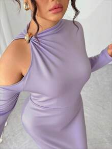 Elenzga 大码女士优雅连衣裙，设计精致 - 紫色 - 查看 4