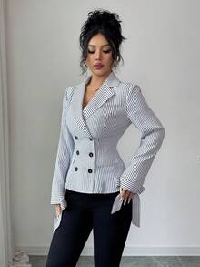 SHEIN Elenzya New Women's Shirt With Lapel Collar, Bow Decor, Long Sleeve, Woven Striped, Elegant For Daily Wear - Multicolor - View 4