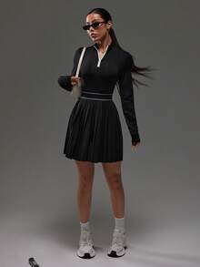 Dewbera Women's Sports Pleated Zip-Up Long Sleeve Dress Long Sleeve Tennis Dress Black Tennis Dress Women Tennis Dress Black Long Sleeve Tennis Dress - Black - View 4