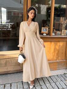 Serisse Elegant Beige Autumn Women's Lantern Sleeve Long Maxi Dress,Brunch Wedding Guest Outfits,French Modest Pleated Puffy Dress,Business Casual Office Wear - Apricot - View 2
