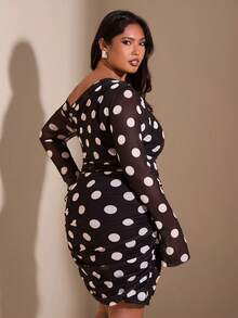 SHEIN BAE Plus Size Ruched Polka Dot Asymmetric Shoulder Long Sleeve Bodycon Dress,Winter Outfit For Women,Dress  For Ladies Summer,New Year's Eve Dress,Elegant Dresses For Party,Casual Dresses For Women,Women's Social Dress,Formal Dress,Plus Size,Litz And Glamour Outfit For Women,Wedding Guest Dress Women,Cocktail Dress,Dresses For Ladies Summer,Birthday Party Dress,Black  Dress - Black - View 5