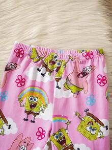 SpongeBob SquarePants | SHEIN Young Girl Cartoon Rainbow Flower & Cloud Print Knit Crew Neck Snug Fit Pink Pajama Set, Autumn/Winter - Pink - View 4