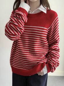 DAZY 女士宽松条纹拼接撞色休闲毛衣，红色 - 紅色 - 查看 7