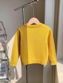 SHEIN 男婴/女婴可爱休闲百搭黄色长袖毛衣，适合秋冬季 - 黃色 - 查看 2