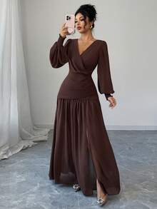 Selianne Elegant chiffongklänning med omlott, v-ringad och rynkad klänning för kvinnor, lång lanternärm, åtsittande midja, lämplig för Halloween, jul, saudiarabisk nationaldag, nyårsfest, cocktailparty, examensceremoni, bröllop, brun - Brun - Visa 5