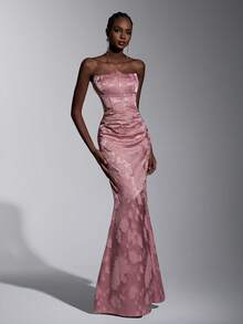 Elitara Đầm dự tiệc màu cà phê xẻ tà satin không dây, viền đuôi cá thanh lịch, lãng mạn, thời trang, thích hợp cho tiệc tùng, khách dự tiệc cưới, đầm cocktail màu hồng, tiệc đơn, dạ hội, dạ hội - Bụi hồng - Xem 8