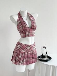 Elamini Bộ 2 món áo crop top hở lưng kẻ caro gợi cảm và chân váy mini xếp ly cho nữ, mùa hè - Hồng - Xem 3