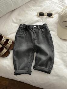 SHEIN Baby Boy Solid Color Elastic Waist Casual Versatile Jeans - Black - View 8
