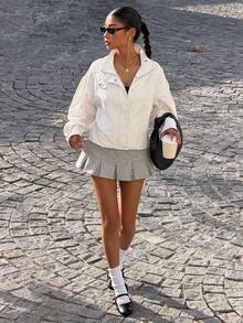 Muchica Women's Casual Striped Long Sleeve Jacket For Going Out Outfits, Back To School, Streetwear - White - View 5