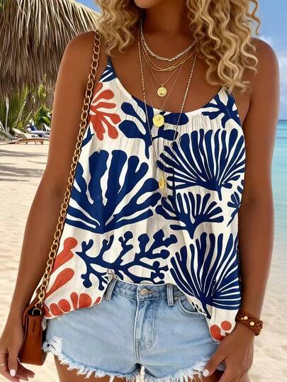 INAWLY Plus Size All-Over Print Spaghetti Strap Casual Vacation Camisole Tank Top