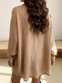 SHEIN Plus Size Casual Single Breasted Long Sleeve Shirt Dress, Fall - Khaki - View 2