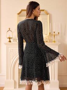 SHEIN Unity Romantic Elegant Versatile V-Neck Waist Design Lace Trim Puff Sleeve Polka Dot Print Chiffon Long Sleeve Dress, Autumn - Black and White - View 2