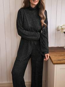 Isle Nomé Fashionable Mock Neck Slit Design Top + Elastic Waist Wide Leg Pants Women 2-Piece Set - Dark Grey - View 1