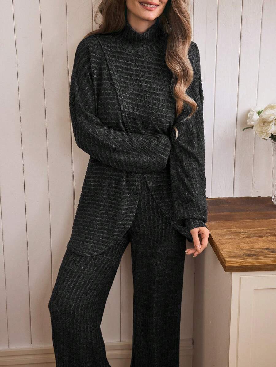 Isle Nomé Fashionable Mock Neck Slit Design Top + Elastic Waist Wide Leg Pants Women 2-Piece Set - Dark Grey - View 1