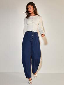 COSMINA Women's Elegant Denim Metal Buckle Barrel Leg Pants, Loose Fit Versatile For Commuting, Daily Office Wear, All Seasons - Blue - View 4