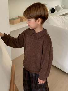 Hapijoa 男童纯色简约 Polo 领长袖 T 恤，休闲日常穿着 - 棕色 - 查看 5