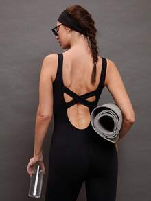 Activina Women's Cross Back Sport Jumpsuit With Open Back - Black - View 7