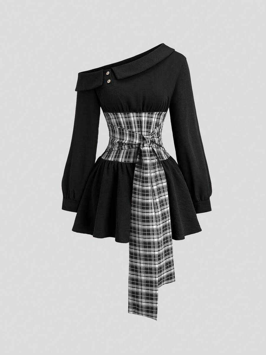Sweetra 法式休闲复古棕色格子拼接性感不对称肩部翻领修身A字泡泡袖春季新款女式短裙 - 黑色 - 查看 1