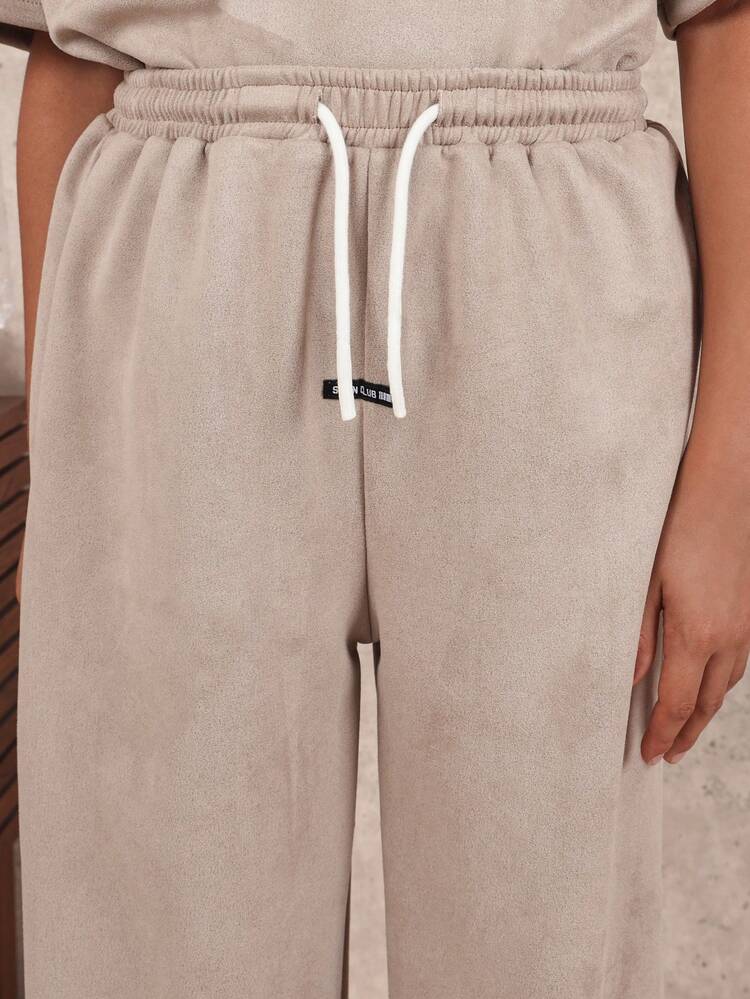 Beige Suedette Top With Wide Leg Set