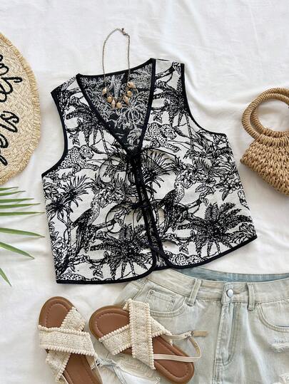 Soleia Top de tirantes de tela texturizada con estampado retro tropical de plantas para mujer, ideal para vacaciones