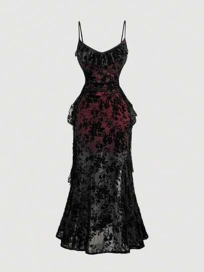SHEIN MOD Red & Black Velvet Slit Fitted Midi Dress,Fall/Winter Women Dresses, ,Going Out ,Renaissance,Elegant ,Vintage,Work,Business Casual Women,Birthday Women Outfits,Brunch,Beach Dresses,Graphics Dresses,Homecoming Dresses,Bridesmaid Dress,Long Black Dress,Evening Dress, Wedding Guest Dress