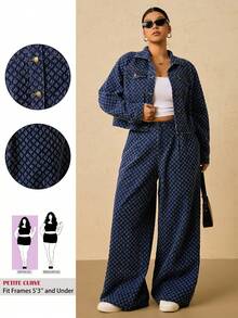 SHEIN PETITE CURVE Áo denim tay dài dáng rộng, đơn hàng cỡ lớn dành cho nữ, màu xanh lam, mùa đông, Giáng sinh, năm mới, lễ tạ ơn, đi làm, kỳ nghỉ, tốt nghiệp, sang trọng, thời trang đường phố, dễ thương, tiệc sân bay, đám cưới, thanh lịch, công sở, áo denim tối màu họa tiết thời trang - Màu xanh lam - Xem 9