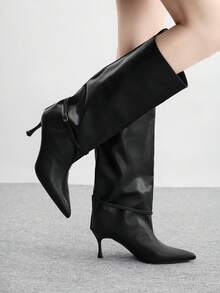 CUCCOO BIZCHIC 女士尖头搭扣设计时尚日常百搭高跟过膝长靴 - 黑色 - 查看 5