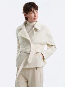 SHEIN LUNE Women's Elegant, Casual, Luxury White Turndown Collar Waist Short Wool Blend Coat, Suitable For Party, Commute, Outing, Halloween, Christmas, New Year, Thanksgiving, Winter - White - View 4