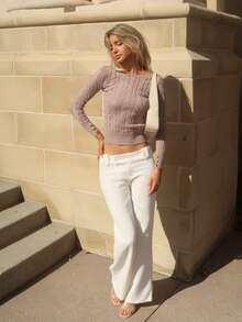 Sydney Algeri Suéter feminino simples, elegante, casual, estilo universitário, versátil, gola redonda, malha com cabo, justo - Damasco - Ver 6